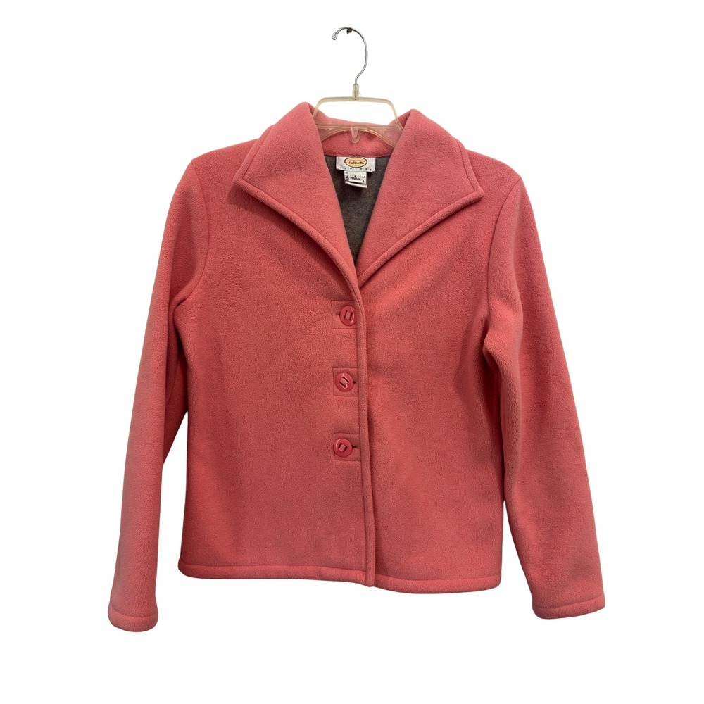 Talbots Petites Fleece Jacket Salmon Pink Button Front Notch Collar Cozy Size S